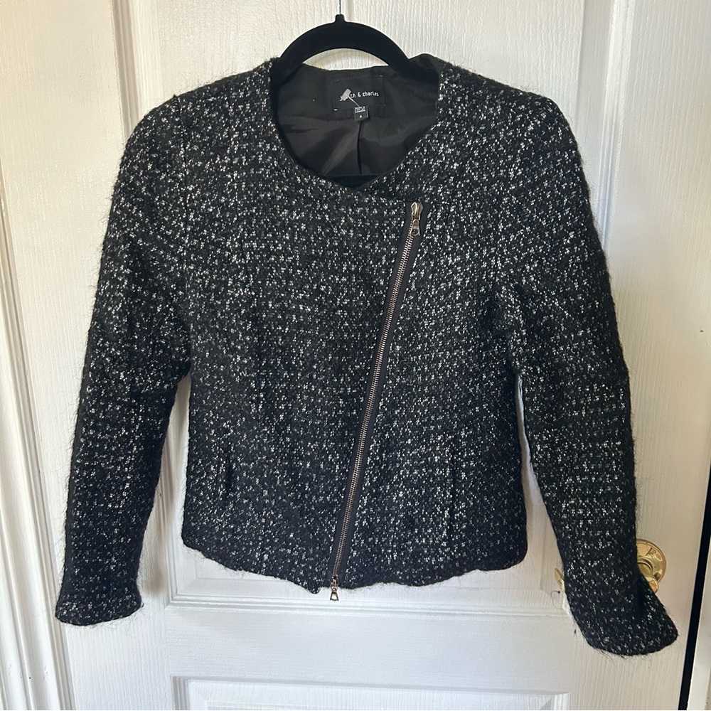 Judith & Charles Motorcycle Jacket, Black and White, Size XS - Picture 2 of 9
